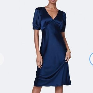 NEW Billie the Label Jasper Puff Sleeve Midi Dress Navy Blue 100% Silk Size 0